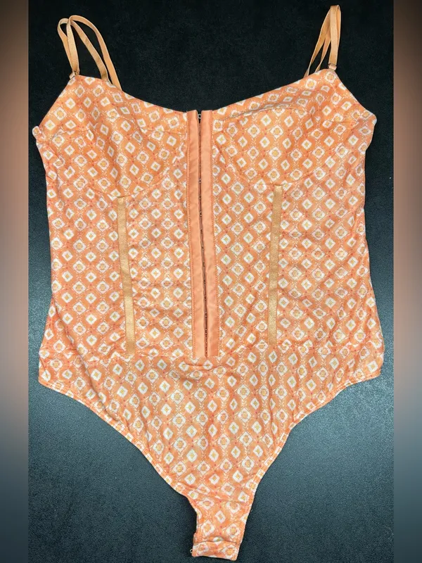 Free People Intimately Fp Size L Floral Mesh Neon Peach Corset Bodysuit - Image 2