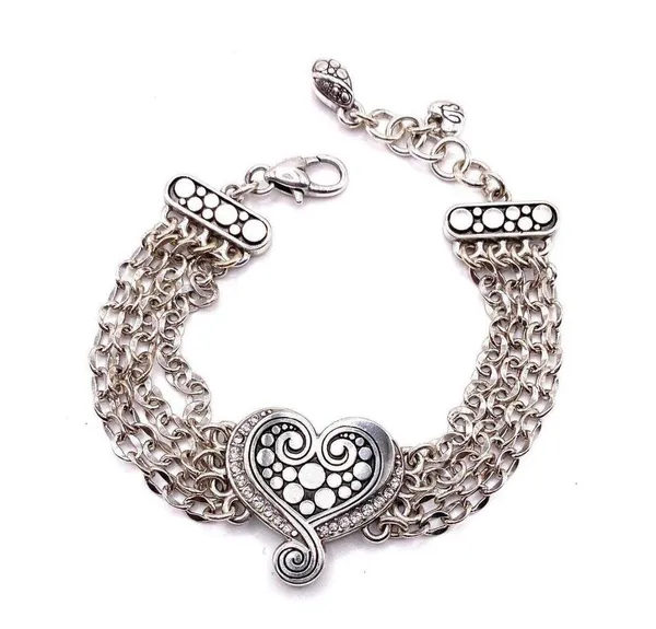 Rare POP Heart Crystal Multi Strand Chain Charm Bracelet Silver Tone Rhinestone - Image 2