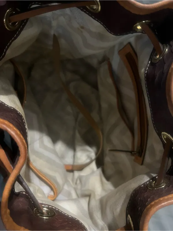 Dooney & Bourke Bag Python Embossed Leather Drawstring Saddle Brown Retail $348 - Image 8