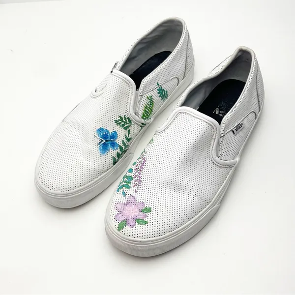 VANS White Perforated Leather Floral Custom Painted Slip On Shoes, Size 10 Boho - Image 8