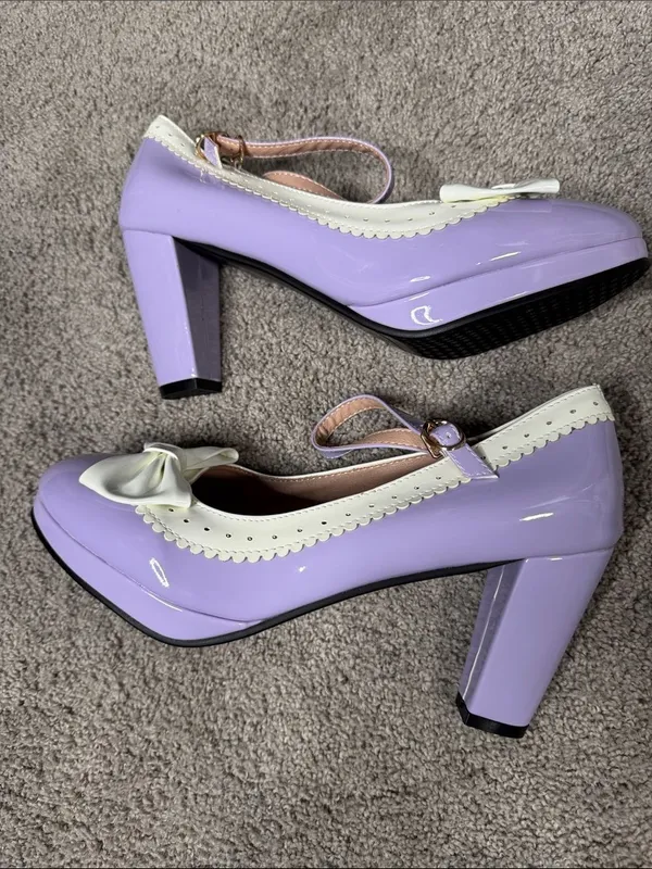 Women’s Purple Chunky Heel Mary Jane Pumps Cute Bow Round Toe Size 10 (EU42) NEW - Image 10