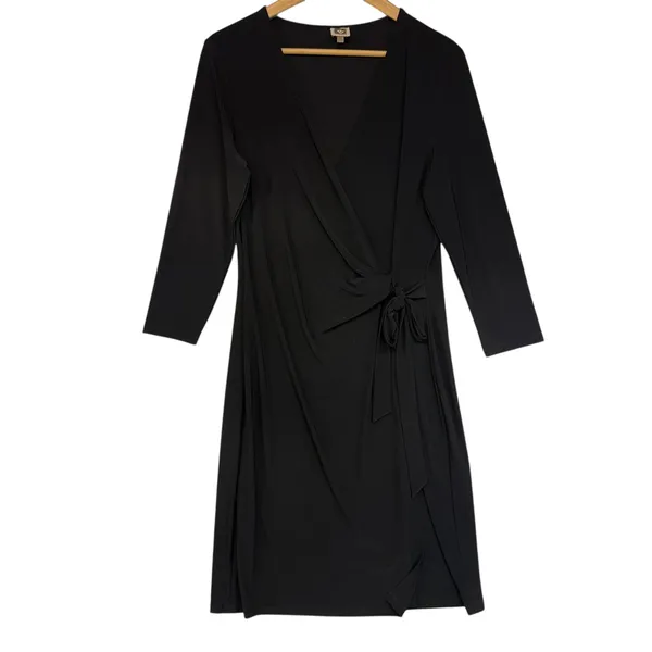 Anne Klein Black Faux Wrap Waist Long Sleeve Midi Dress Feminine Versatile 10‎ - Image 2