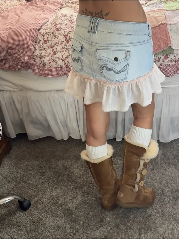 Y2K Light Blue Denim Mini Skirt with pink Lace Ruffle - Image 2