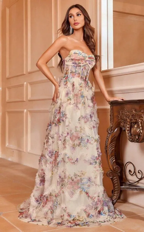 Faeriesty Ruched Bustier Ruffle Trim Hem Floral Print Tube Dress - Image 4