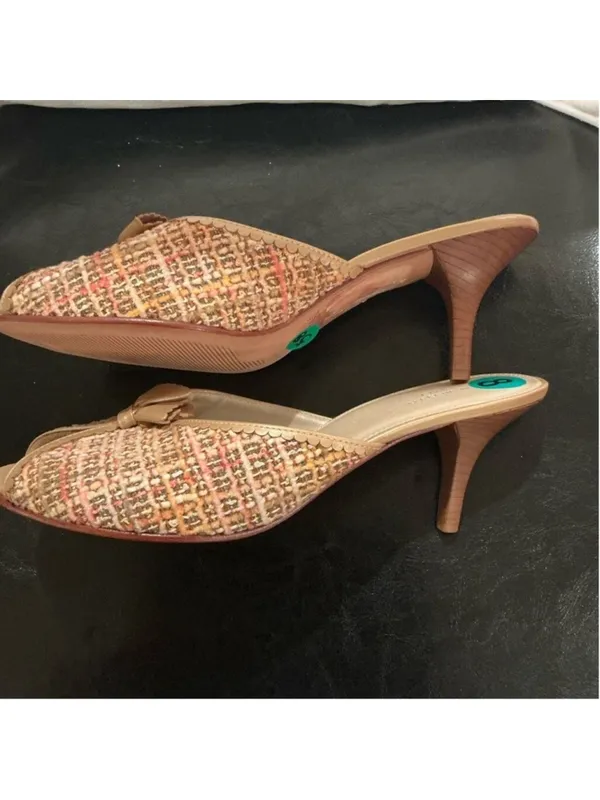Marcello Paci Shoes Sz 8 Slides Kitten Heels Tweed Fabric Orange/Tan - Image 7
