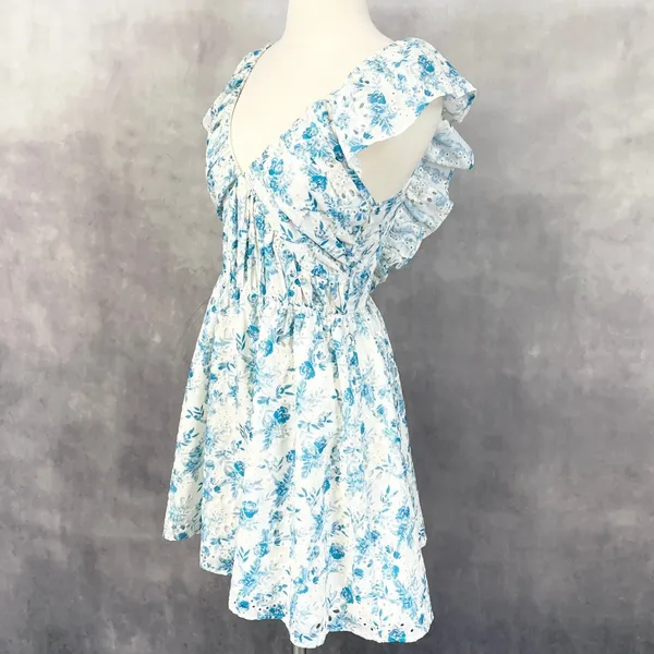 Lush Floral Eyelet Mini Dress Women Small Ruffle Cottage Romantic‎ Coquette - Image 3