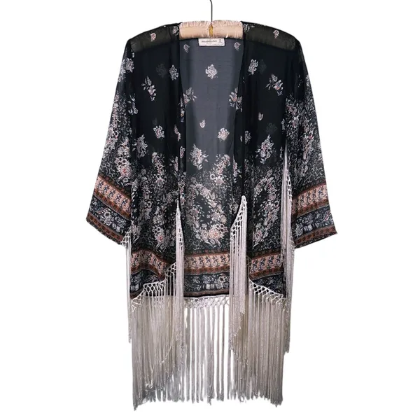 Abercrombie Boho Fringe Kimono Size XS Black Hippie Festival Coachella Western - Image 2