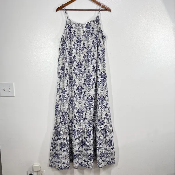 Dokotoo Boho Blue White Damask Paisley‎ Spaghetti Strap Tiered Maxi Dress XL NWT - Image 3