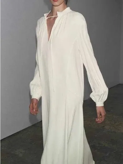 Zara ZW Collection Oyster White V-Neck Tie Front Long Sleeve Midi Dress Large - Image 12