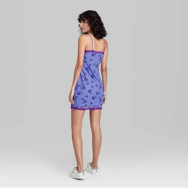 Wild Fable Purple Floral‎ Mesh Lace Trim Slip Mini Dress Womens Small VN1042782 - Image 7