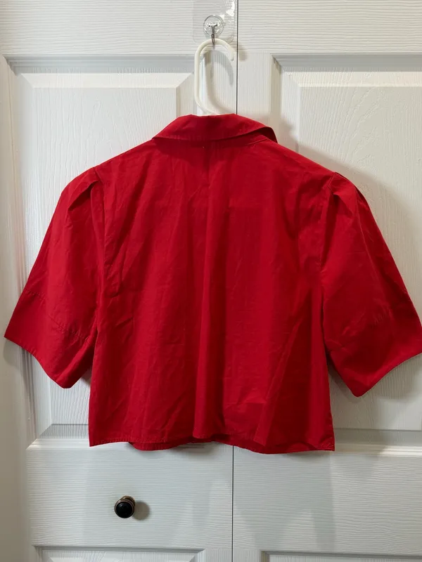 Maeve Lantern Sleeve Red Cropped Button-Front Shirt XS - Image 5