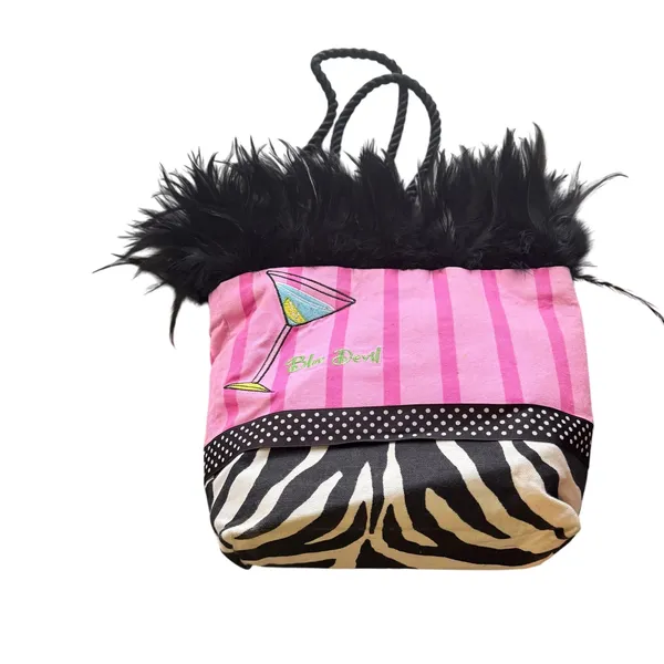 Vintage Blue Devil Pink Striped Martini Zebra Trim Faux Fur Tote Purse - Image 2