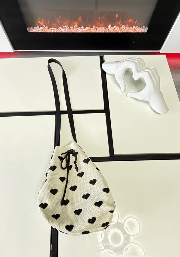 Knit Heart Pattern Drawstring Bucket Crossbody Bag 🖤✨ White - Image 12