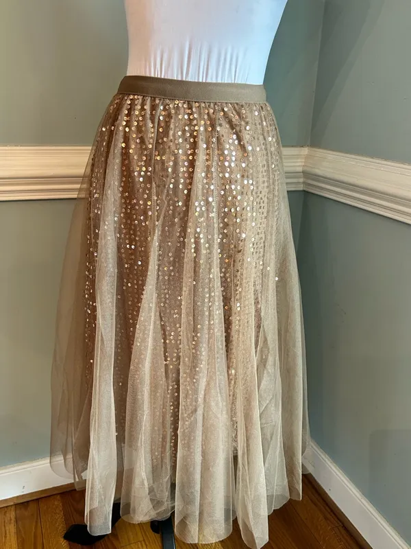 Sequined Tulle Midi Skirt in Light Brown - Image 2
