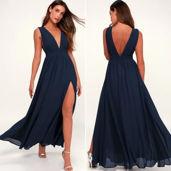 Lulus Heavenly Hues Maxi Dress Gown Small Modest Navy Blue Prom Formal Wedding - Image 3
