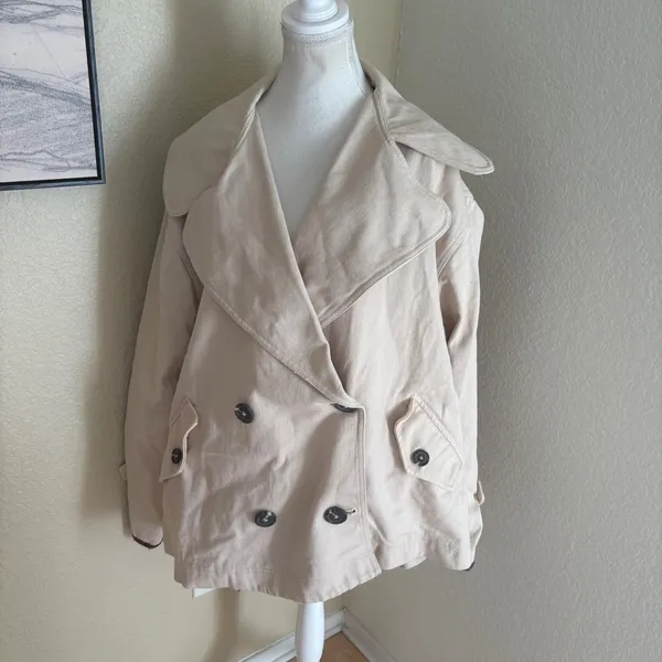 FREE PEOPLE‎ Tan Highlands Double-Breasted Cotton Peacoat Oversized Size Small - Image 4