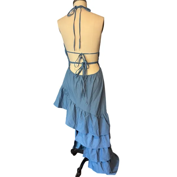 NWT ~ Women's Sexy Blue Ruffled Backless Halter Maxi Beach Dress ~ Size XL - Image 4