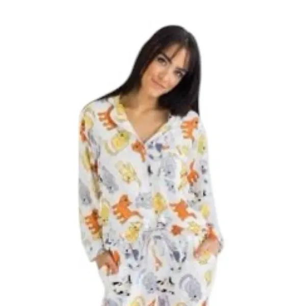 Aegean Apparel Cat Print 100% Cotton Pajama Set White Womens Medium EUC - Image 4