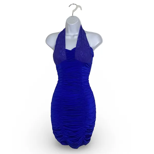 Solid Ruched Halter Bodycon Dress Blue Size XS - Image 2