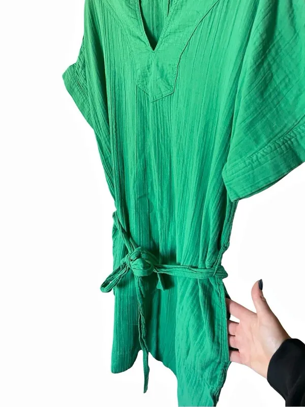 Green Gauze Belted Mini Dress Pockets Relaxed Fit Medium - Image 5
