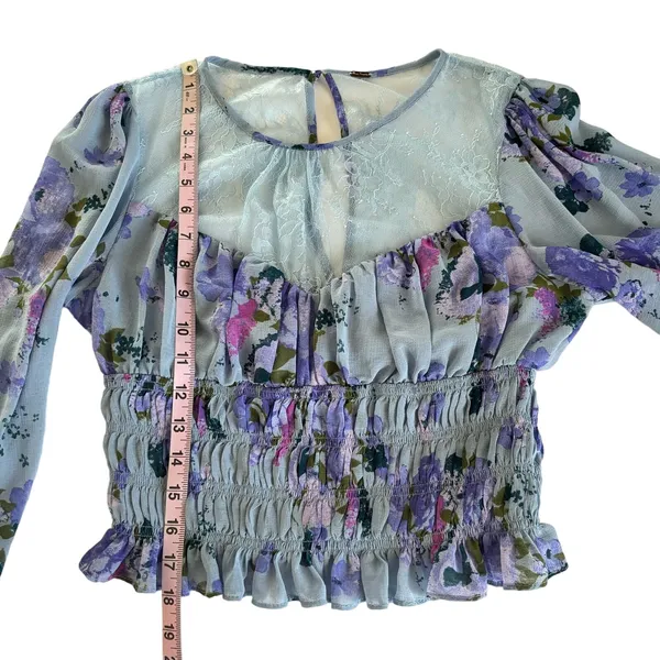 Free People Daphne Silver Blue Combo Lace Floral Print Blouse Size Medium - Image 7