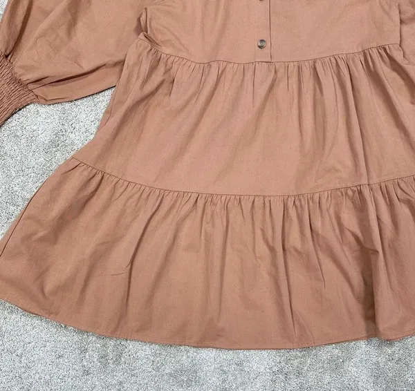 Bohme Makayla Mini Dress Smocked Balloon Sleeve Button Ruffle Tiered in Clay S - Image 6