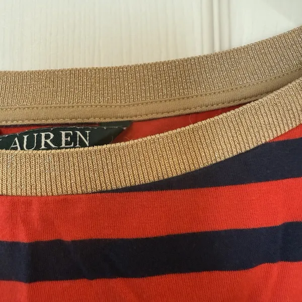 Lauren Ralph Lauren Women’s Top Sz LG Red Navy‎ Stripe Gold Buttons Equestrian - Image 4