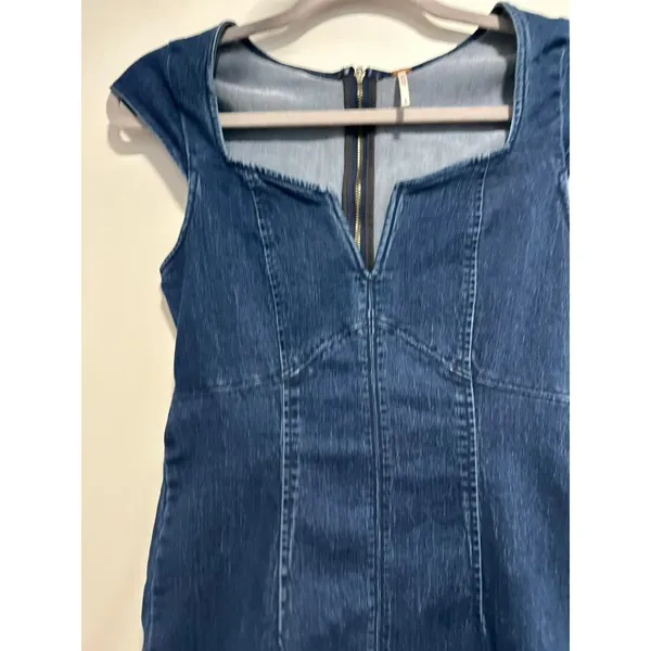 Free People Denim Mini Dress SzS Y2K Bodycon Sweetheart Dark Wash flutter sleeve - Image 9