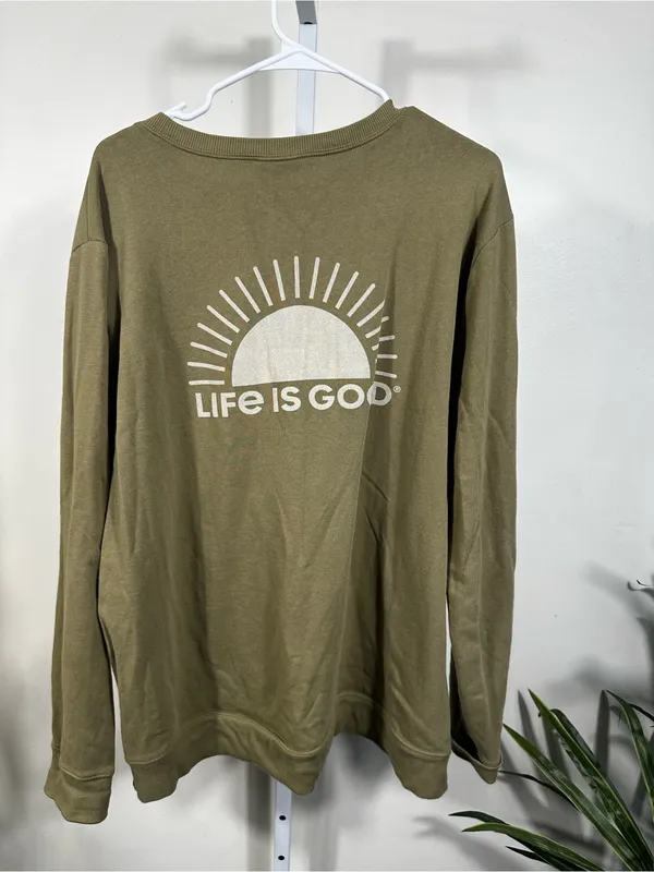 N79. Life Is Good Olive Green Pullover with White Sun Logo - Image 4