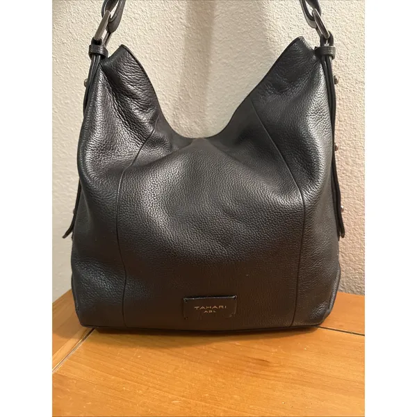 Tahari ASL Black Pebbled Leather Slouchy Hobo Shoulder Bag Adjustable Strap - Image 3