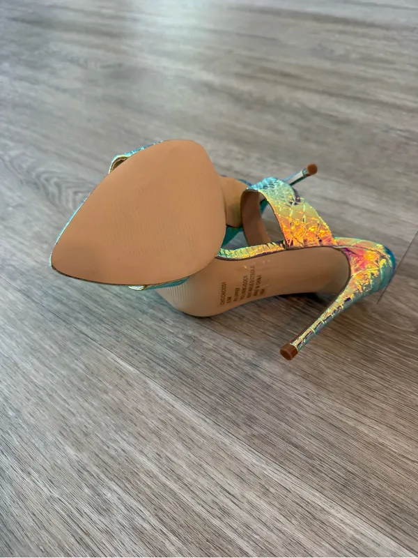 New Steve Madden Iridescent Multi-Color Snake-Embossed High Heel Mules, Size 6 - Image 8