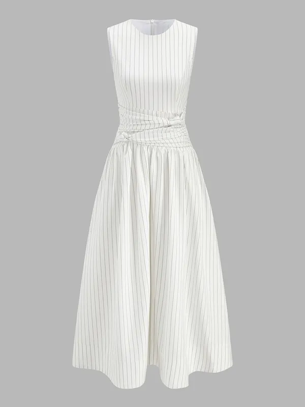 Commense Cotton Blend Striped Ruched Maxi Dress White XS NWT Pockets - Image 2
