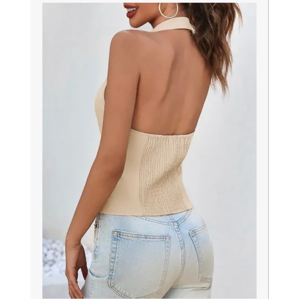 NEW Halter Blazer Vest Deep V Neck Zip Up Backless Smocked Waist M - Image 2