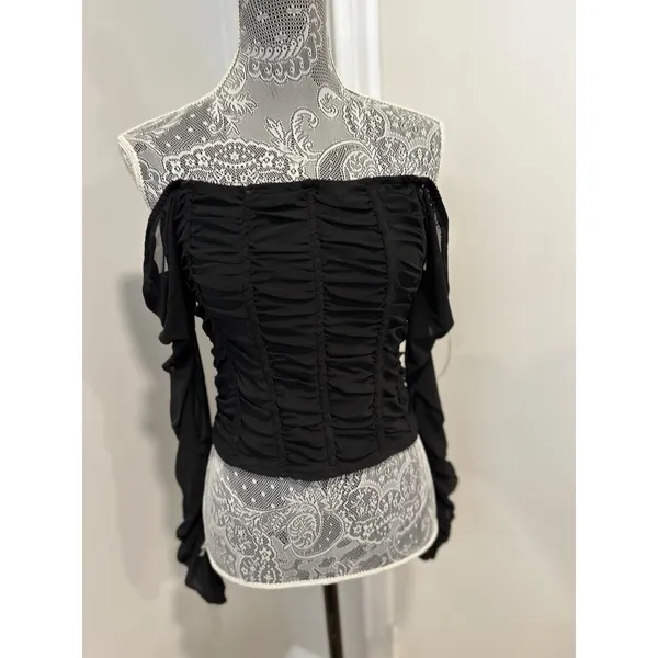 Jolie and Joy Women Sz:L Cropped Ruched Black Bodice Stretch Sheer Mesh Sleeves - Image 7