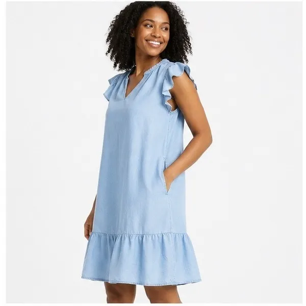 Time and Tru Womens Dress Size M Light Blue Split Neck Flounce Hem Casual Ruffle - Image 9