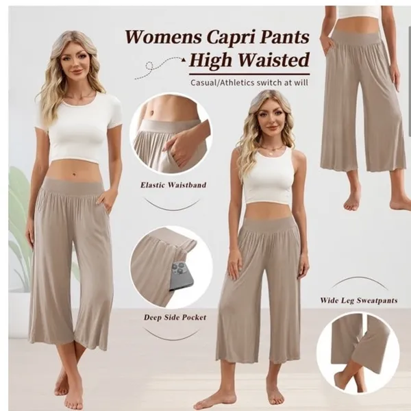 NWT ~ Plus Size Tan Wide Leg Cropped Casual Palazzo Pants Yoga Lounge ~ XXL - Image 2