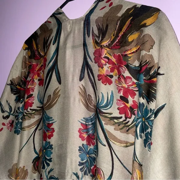Tan Boho Floral Ruana Longline Shawl Lightweight Wrap - Image 11