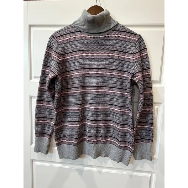 L.L.Bean Gray Fair Isle Turtleneck Sweater Cashmere Blend Large Preppy Gorpcore - Image 2