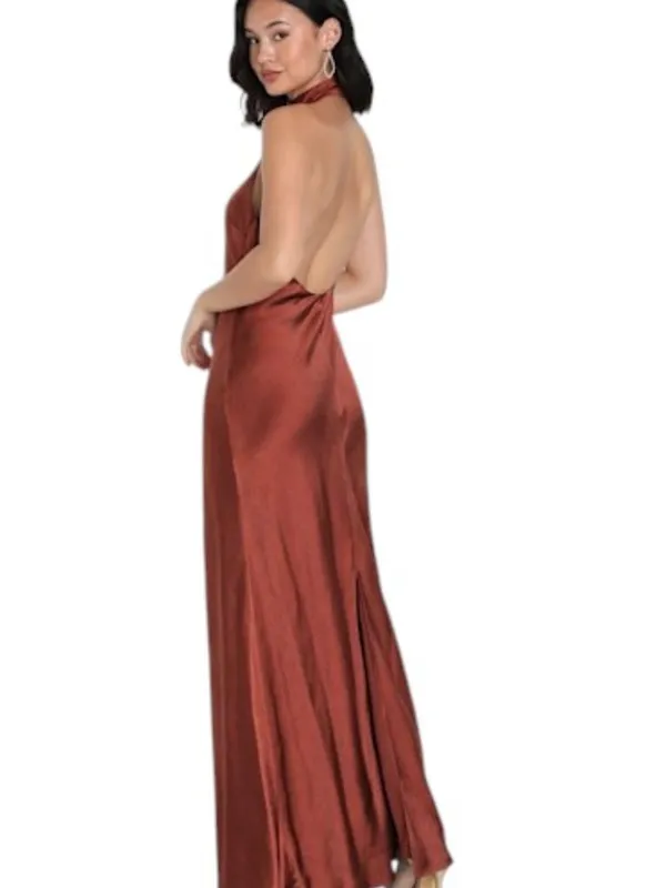 Lulus Brown Satin Halter Maxi Dress Size Large NWT Wedding Guest Dress - Image 2