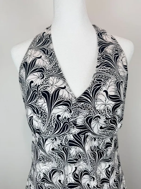 Tommy Hilfiger Women Size 12 Halter Dress Black White Floral Cotton Midi‎ - Image 6