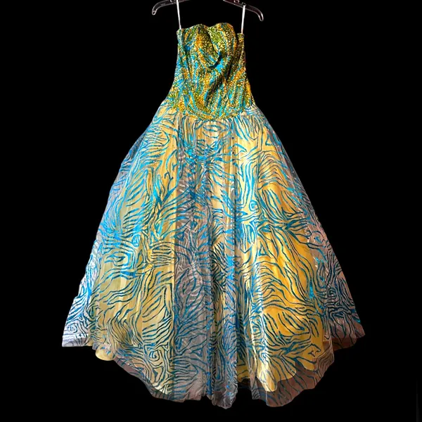 NWT Studio 17 House of Wu Lime Turquoise Gold Strapless Gown 8 - Image 8