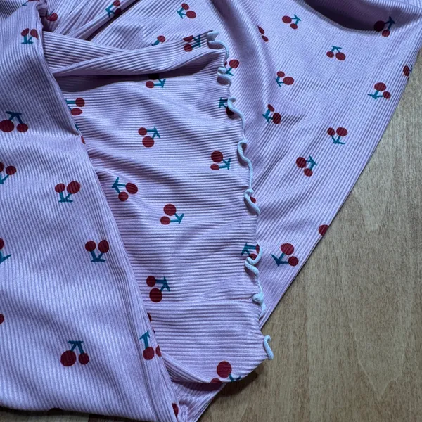 Pink Cherry Print Ribbed Pajama Set Lace Trim Lettuce Edge XL Loungewear - Image 3