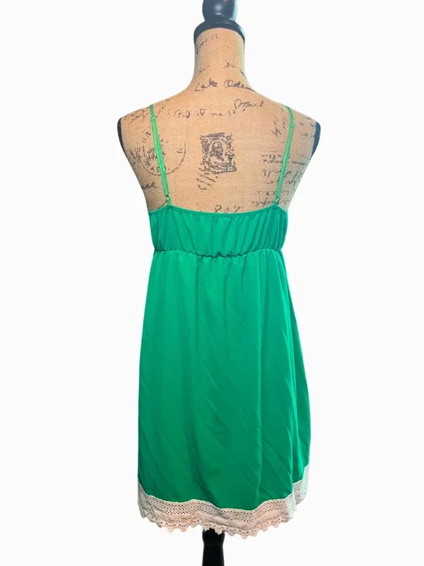 Green Babydoll Dress with White Lace Trim & Adjustable Straps - Image 2