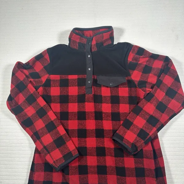 Eddie Bauer Women’s Medium Red Black Buffalo Plaid Fleece Pullover Snap Neck - Image 2