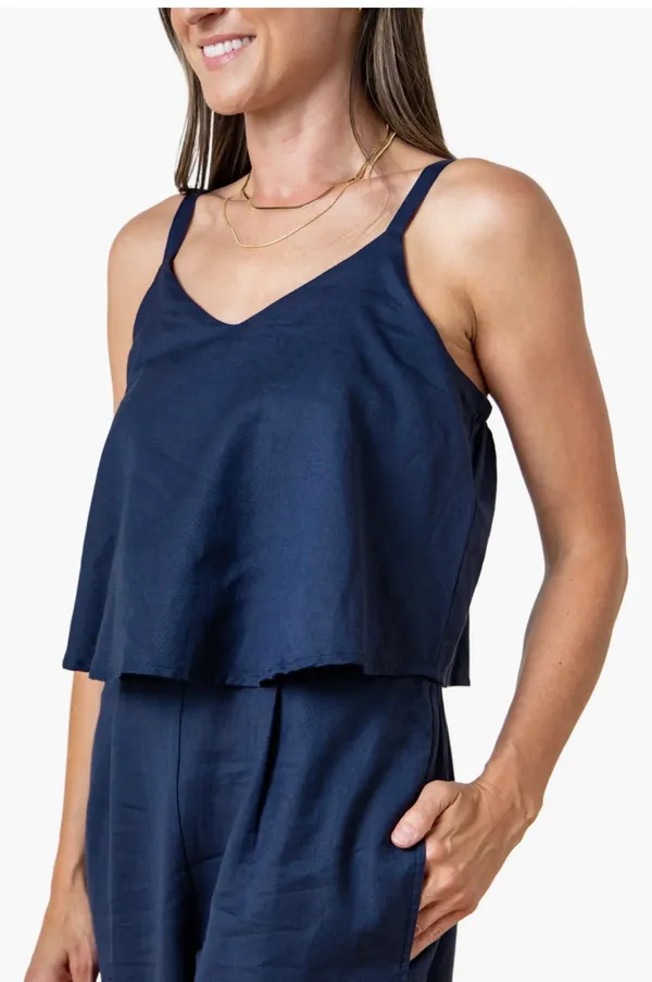 Hope & Henry Navy Blue Cotton and Linen Blend Faux Top Jumpsuit - Image 2