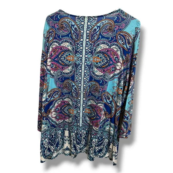 Chico's Paisley Tunic Top Size 3 Blue Purple V-Neck 3/4 Sleeve‎ XL 16 - Image 2