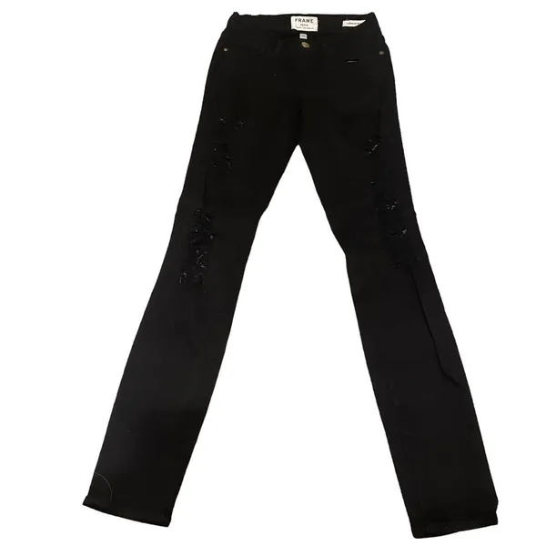 Frame Distressed Black Skinny Jeans Le Skinny de Jeanne Grunge‎ Emo Size 23 - Image 2