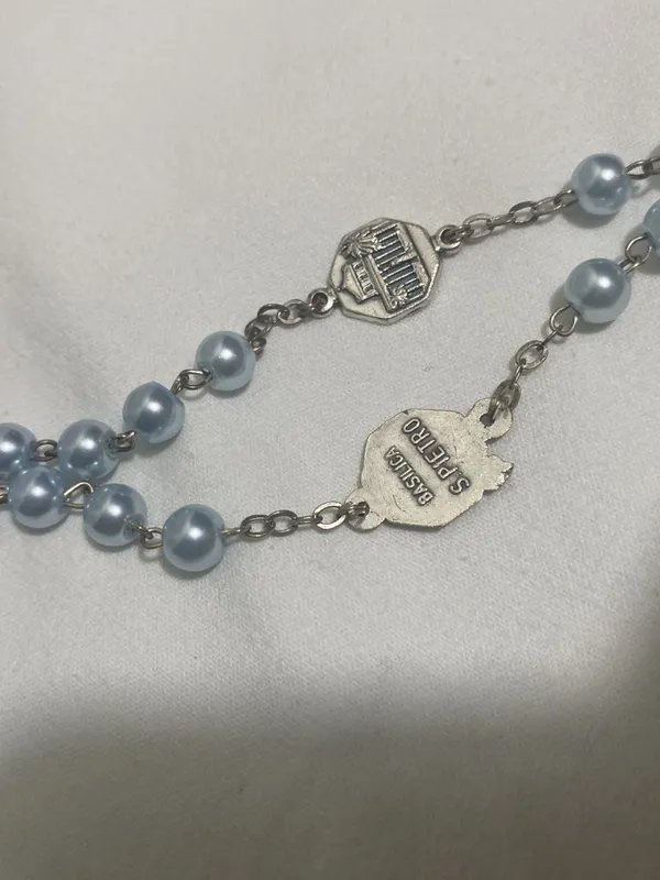 Vintage Basilica San Pietro Blue Faux Pearl Rosary Italy Catholic Prayer Beads - Image 8
