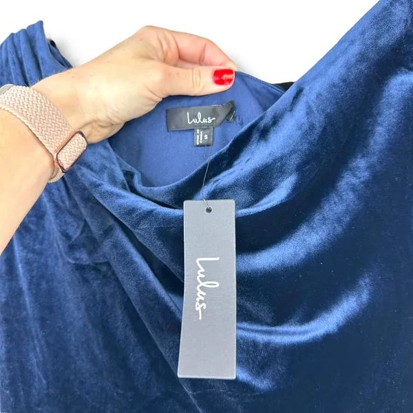 NEW Lulus Coveted Confidence Navy Blue Velvet Asymmetrical Maxi Dress Small - Image 9