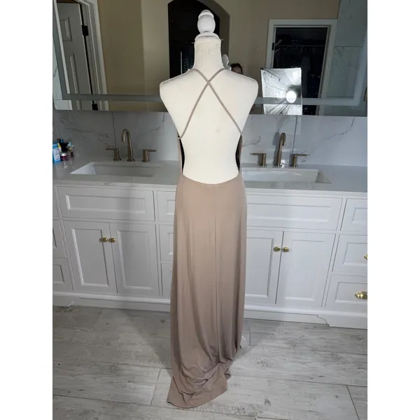 Maxi Dress Womens M Taupe Deep V-Neck Double Slit Open Back Gown - Image 9